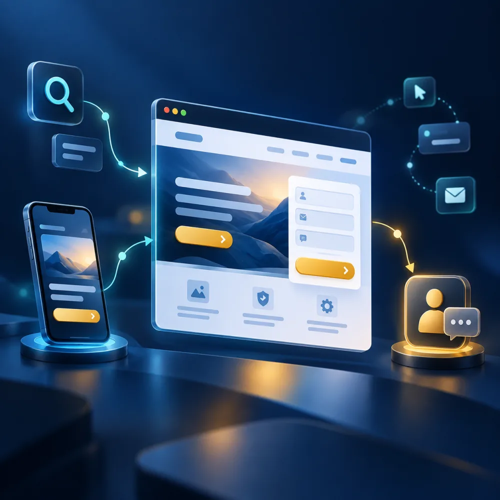 Minh họa hành trình từ quảng cáo và tìm kiếm đến Landing Page, biểu mẫu và liên hệ khách hàng