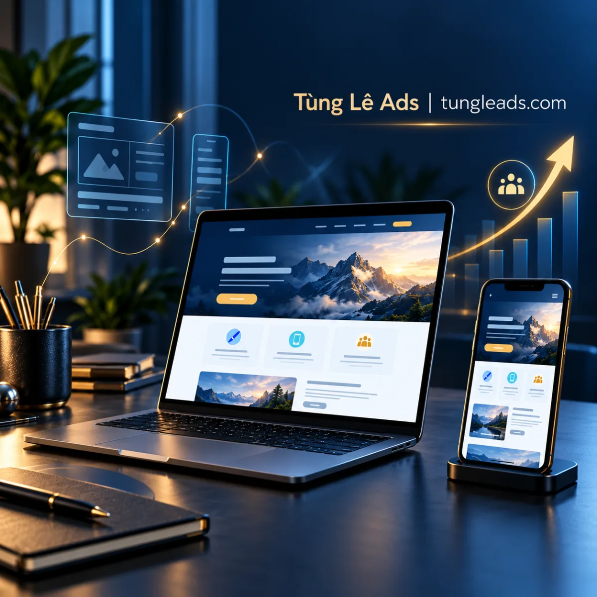 Minh họa thiết kế Landing Page responsive trên laptop và điện thoại của Tùng Lê Ads